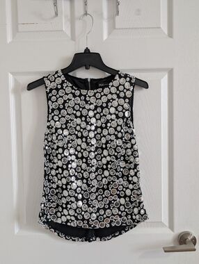 Black Collection Silver Sequin Polka Dot Sleeveless Top Mesh Overlay Party Small
